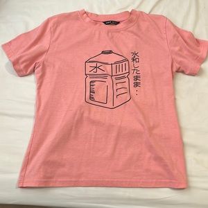 coral shirt w water bottle print and hydrated on the side